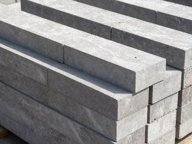 Detail shot of raw construction materials, clean gray bricks precisely aligned, bright daylight, high-contrast industrial tones, sharp focus