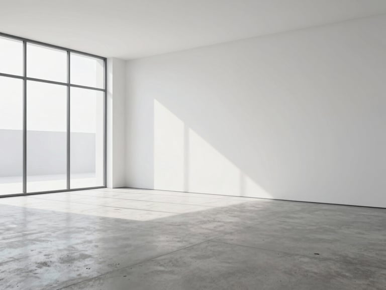 Pristine, dust-free minimalist modern room with concrete floors, large windows with natural light, sharp architectural focus