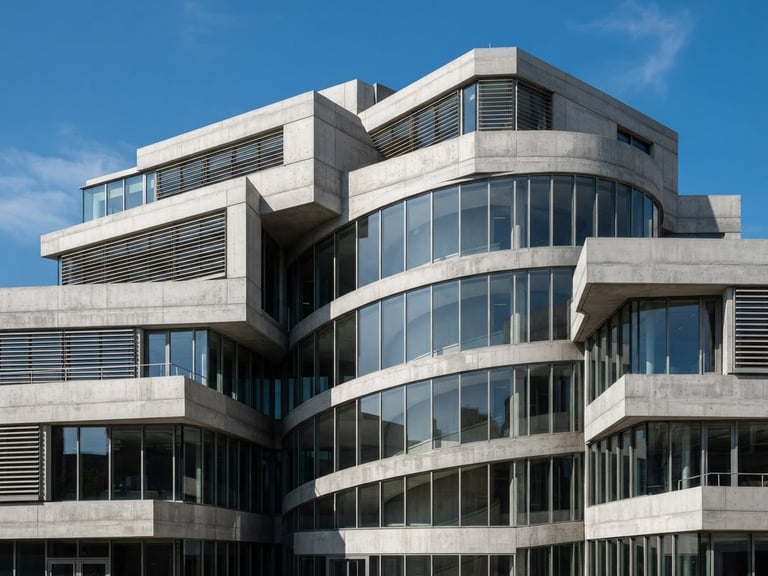 Crisp architectural photography of a modern concrete building structure under bright daylight, industrial lines, sharp focus, 35mm lens