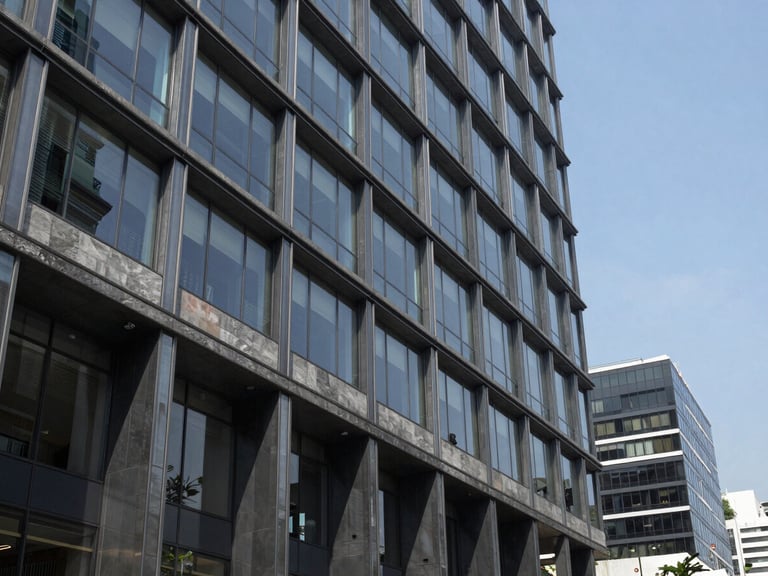 Modern architectural perspective of a corporate office building in Mexico City with steel and glass facade, cool slate tones, crisp daylight, sharp focus, 35mm framing.