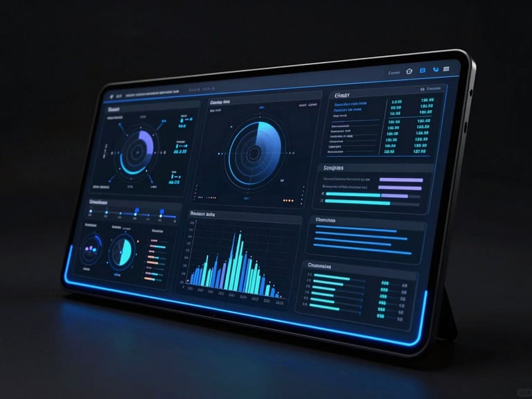 Premium dark-mode editorial photography of a high-end digital interface displaying complex data visualizations, dramatic electric-blue rim lighting, high contrast.