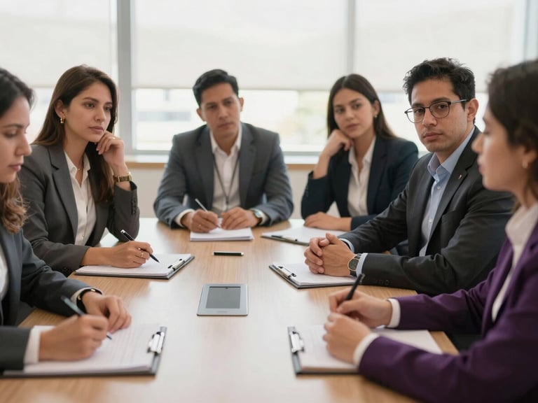 A group of Colombian psychologists engaged in a professional discussion around a conference table, some taking notes, others listening attentively. Soft natural daylight, deep grape and warm neutral tones, professional documentary style, 35mm.