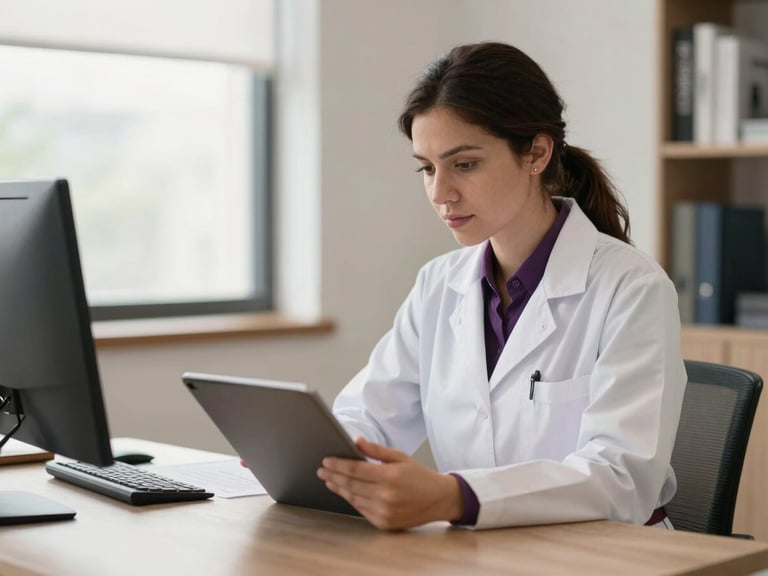 A Colombian psychologist in a modern, well-lit office, reviewing legal documents on a tablet, with a focused and professional expression. Soft natural daylight, deep grape and warm neutral tones, professional documentary style, 35mm.
