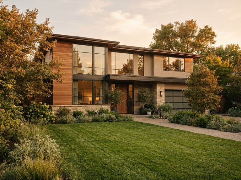 Warm editorial photography of a modern family house exterior with a clean lawn, soft golden-hour sunlight, warm earth tones, 35mm.