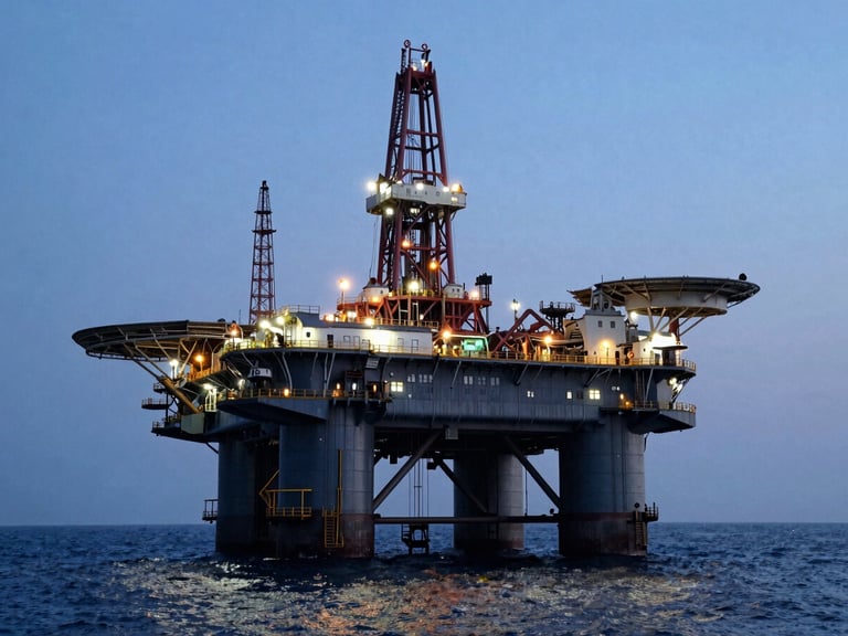 Wide environmental shot of a massive offshore oil rig at blue hour, cold tones with warm amber lights, wide-angle lens