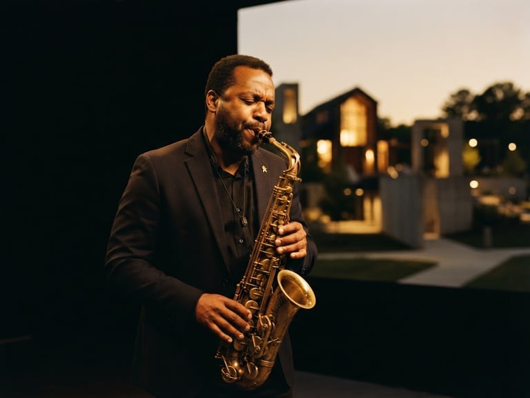 Stéphane Nerplat playing saxophone with dramatic low-key lighting, warm golden-hour highlights, deep black background, elegant gold accents, shallow depth of field, 35mm, architectural mockup of a modern Christian campus in the background, cinematic wide shot.