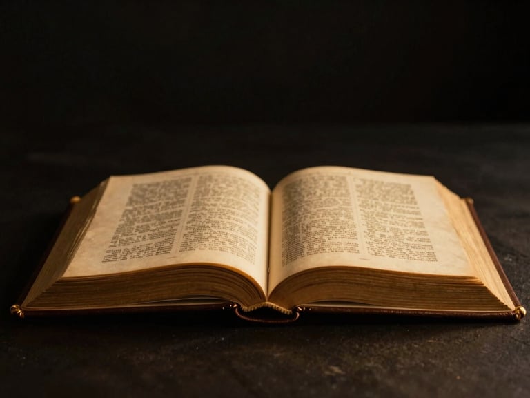 Wide cinematic shot of an ancient, open leather-bound book with golden pages, illuminated by a warm golden hour light in a dark, minimalist setting, shallow depth of field, 35mm