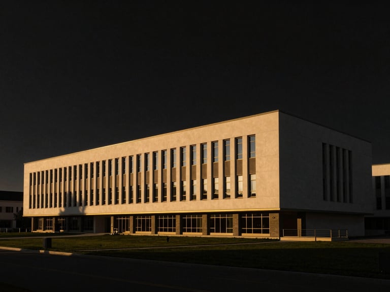 Architectural mockup of a modern, elegant Christian campus building at golden hour, minimalist design, warm light, deep black sky, 35mm