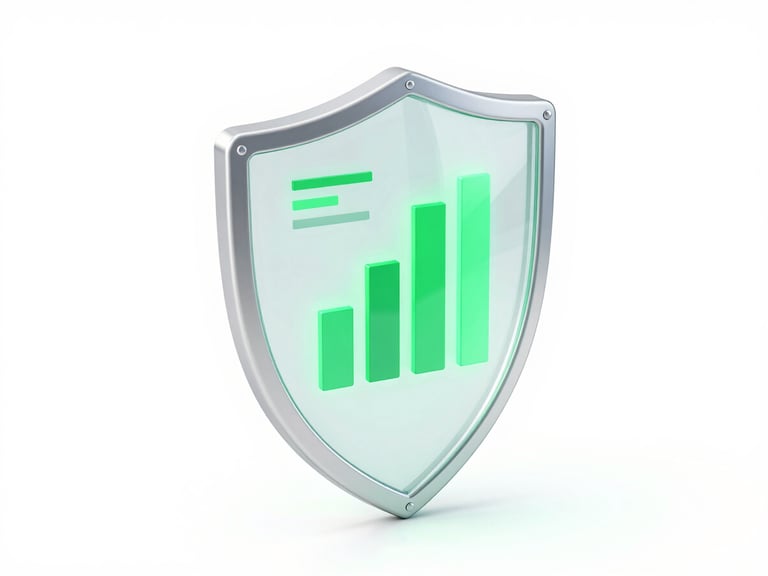 sleek 3d render, a glassmorphic security shield with glowing green lines, clean white backdrop, isometric