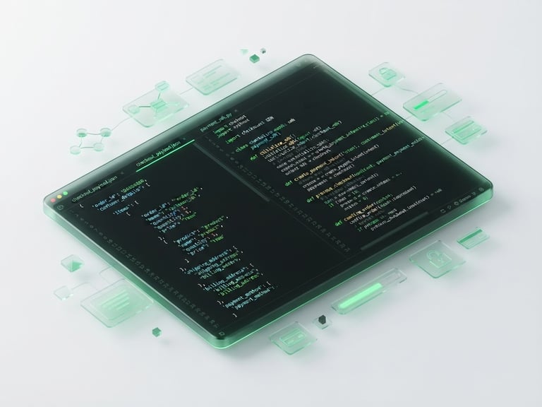 Sleek dark IDE window showing clean JSON payload and Python checkout SDK code, glowing toxic green syntax highlighting, isometric perspective