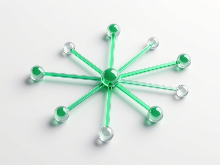 sleek 3d render, abstract financial routing nodes with glowing green paths, clean white backdrop, isometric