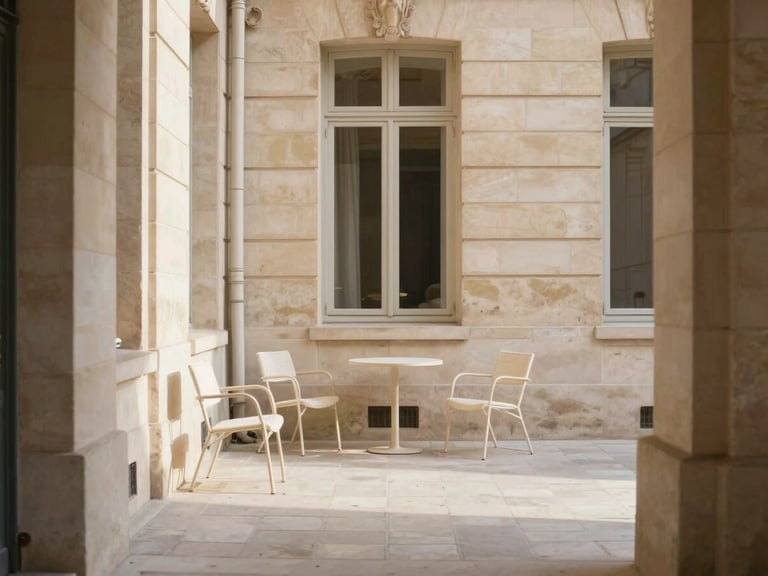 A quiet paved Parisian courtyard surrounded by stone walls, elegant minimalist outdoor chairs, soft warm sunlight, editorial architectural shot