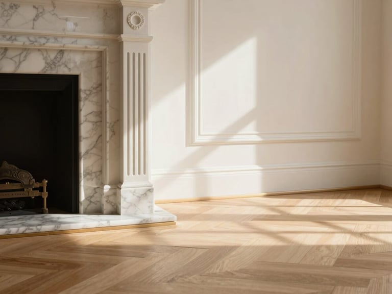 Close-up of elegant herringbone parquet floor meeting a marble fireplace, warm afternoon sun casting soft window shadows, minimalist luxury setting