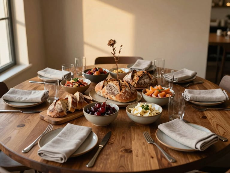 Wide environmental overhead shot of a fully composed gourmet table before guests arrive — artisanal bread loaves, small ceramic bowls of antipasto, folded linen napkins, and a single dried flower stem, bathed in soft golden-hour window light from the left, warm café-brown wooden surface, generous negative space at the top of the frame