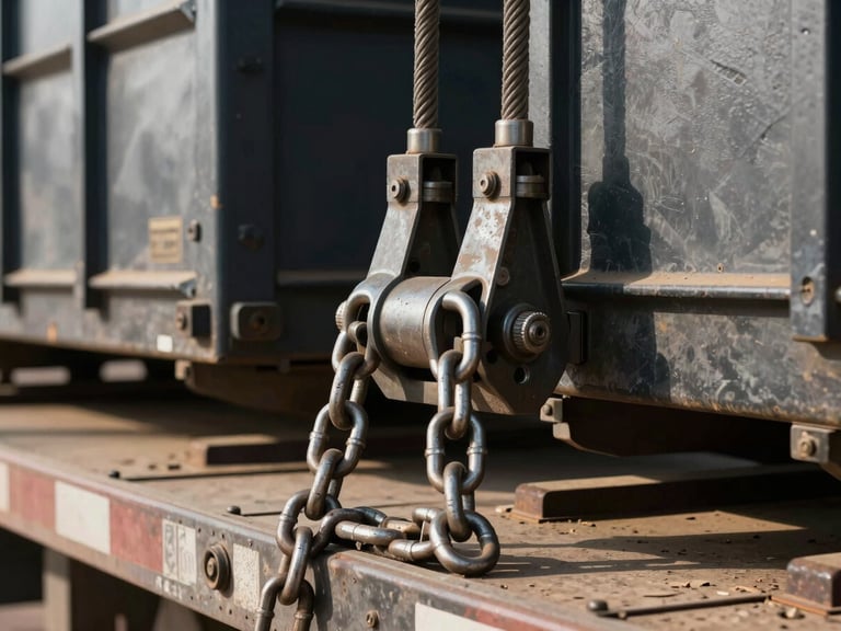 Close-up of industrial steel cargo securing chains and heavy tensioners locking heavy freight onto a flatbed trailer, harsh Egyptian daylight, metallic textures, high-contrast shadows.
