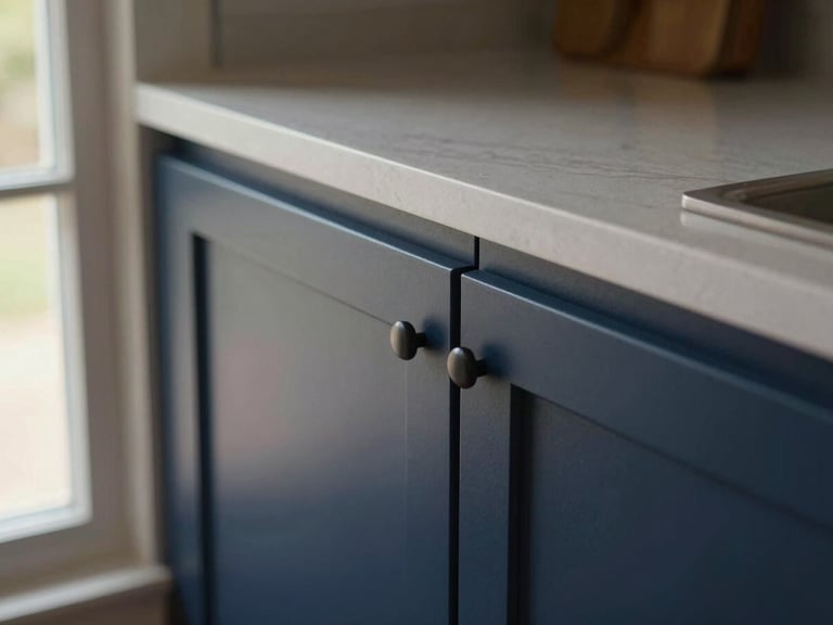Close-up detail shot of kitchen cabinet door edge meeting countertop surface, precise alignment visible, matte navy finish, warm natural window light from the left, sharp focus on the joint