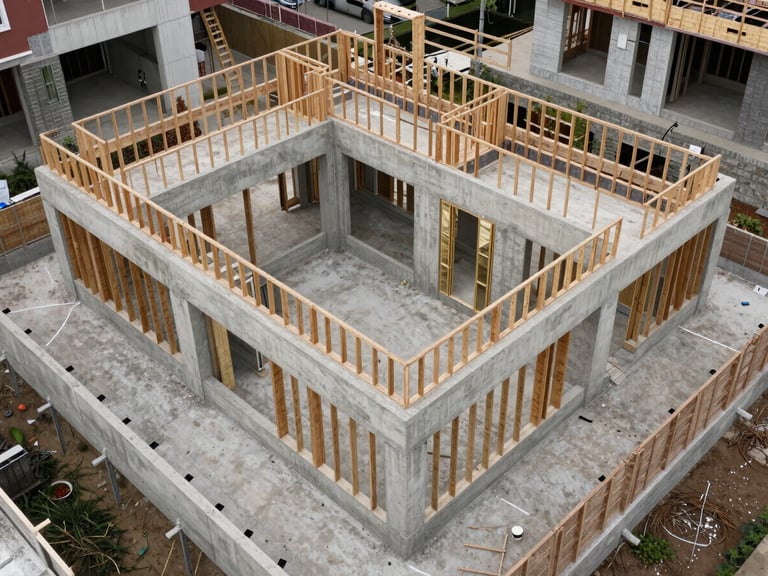 Overhead architectural-angle shot of a residential renovation in progress, concrete structure and framing visible in clean organized stages, natural overcast daylight, no clutter or debris in frame