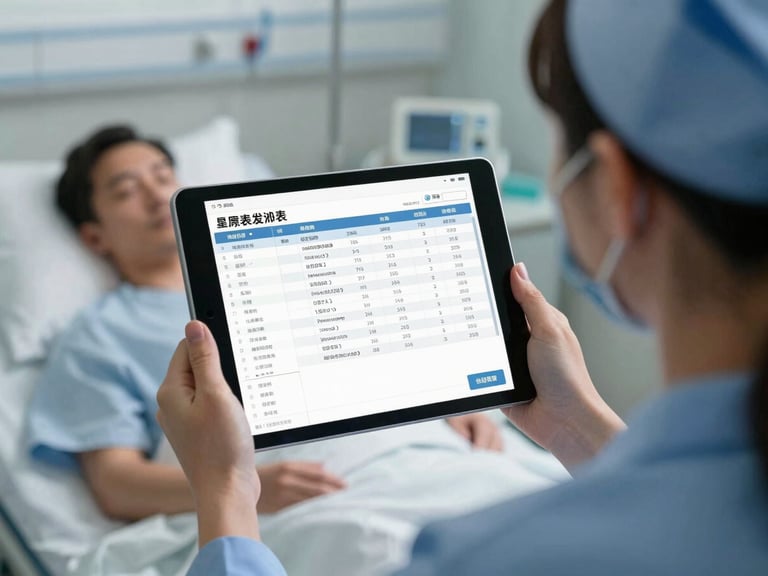 Over-the-shoulder view of a nurse holding a tablet displaying a clean, high-contrast electronic medical record interface with patient vitals at a modern hospital bedside.
