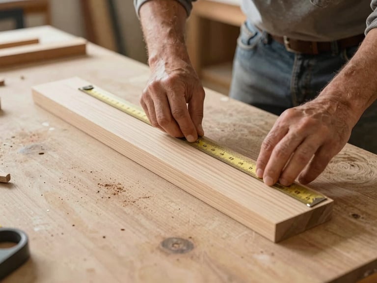 Medium shot of a carpenter's hands measuring a solid oak plank with a brass ruler on a dusty workbench, warm workshop daylight streaming in, authentic documentary style.