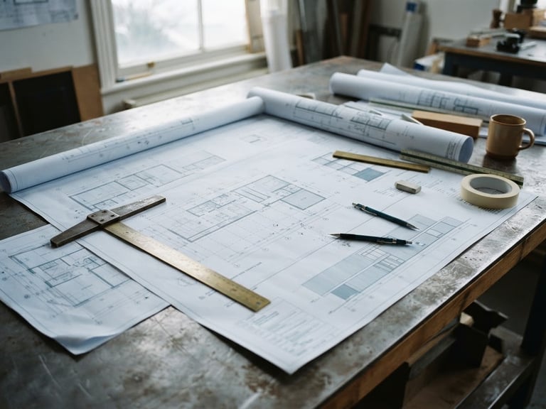 Medium technical shot of architectural blueprints rolled out on a steel table, natural overcast daylight, cool slate blue tones, sharp focus, 35mm
