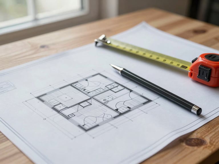 Close-up of architectural blueprints on a wooden table, a metal measuring tape and mechanical pencil resting on the technical drawings, sharp focus, natural overcast light from a nearby window.