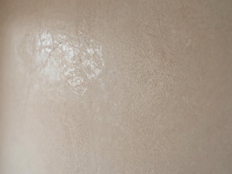 Polished Venetian plaster wall texture in natural stone color, reflecting soft light with subtle veining, extreme close-up.