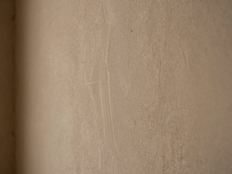 Detail of Roman Clay wall texture in warm taupe, with subtle trowel marks and soft natural light, macro perspective.