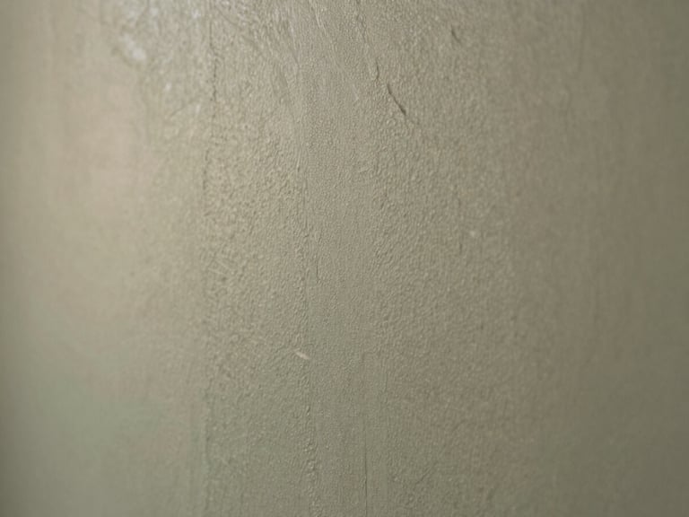Close-up of a decorative wall finish with subtle mineral texture in dusty sage, light catching fine details, artistic composition.