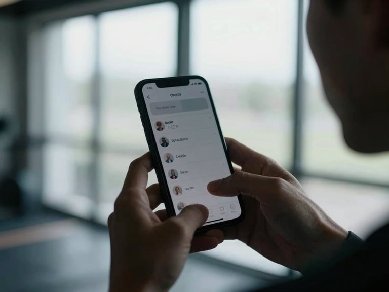 Authentic close-up of a coach-client check-in screen on a smartphone, soft natural gym window light, cool tones