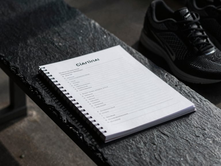 Candid close-up of a training log and athletic gear on a dark slate bench, dramatic side-shadows, sharp focus