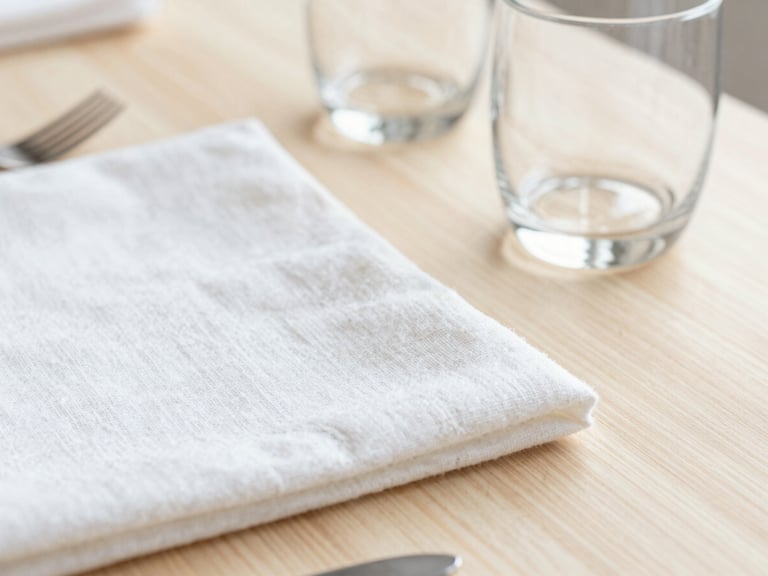 Bright editorial photography, soft natural daylight, close-up of crisp linen textures and polished glassware on a clean wooden table, 35mm lens