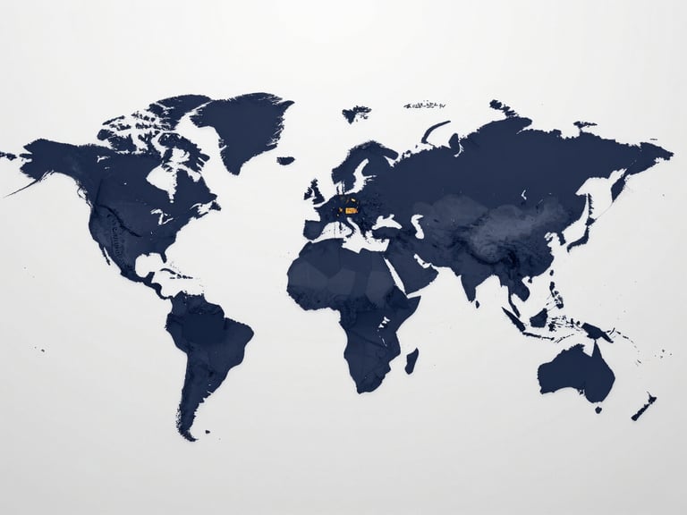 A clean vector-style world map showing maritime shipping routes from Asia and South America to Scotland, desaturated navy background with crisp lines.