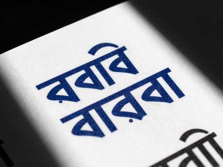stark editorial photography, close-up of printed brand collateral with sharp Bengali typography, harsh direct sunlight, high-contrast monochrome with electric blue accents, sharp shadows