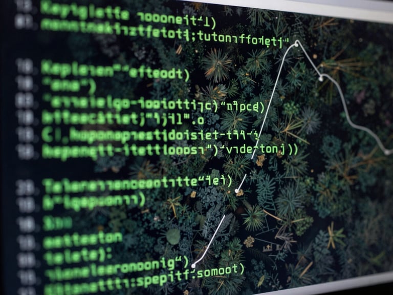Low-key, high-contrast close-up of a terminal screen displaying green code syntax and loss curves, with a faint overlay of a satellite forest canopy raster.