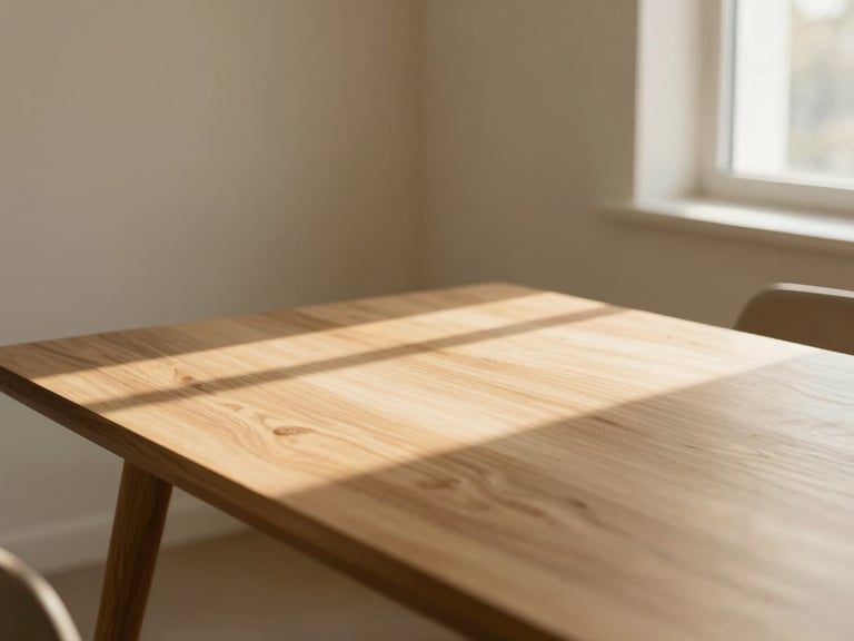 Minimalist high-end workspace with a solid oak table, warm golden-hour light filtering through a window, soft shadows, quiet editorial feel