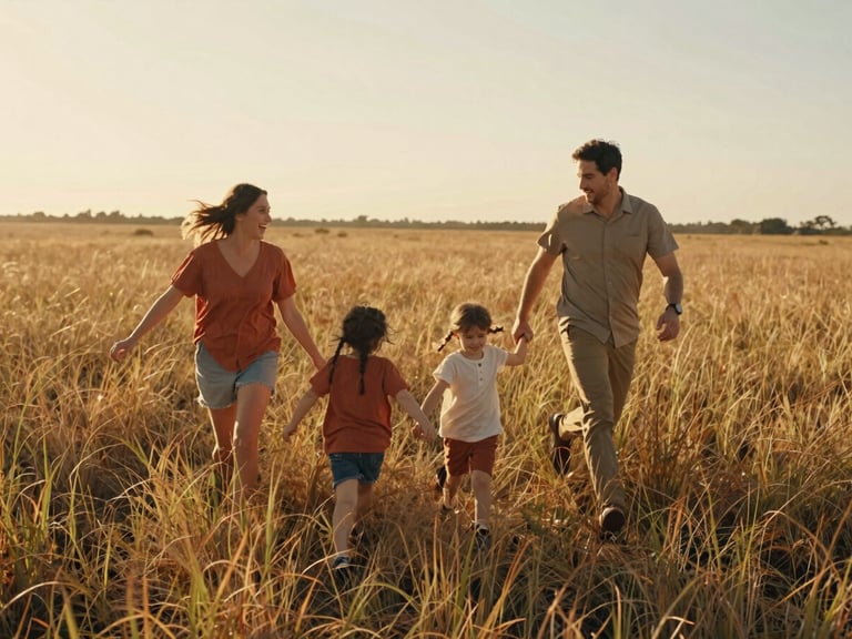 A family running through tall grass, sun-drenched golden hour, warm natural light, candid interaction.