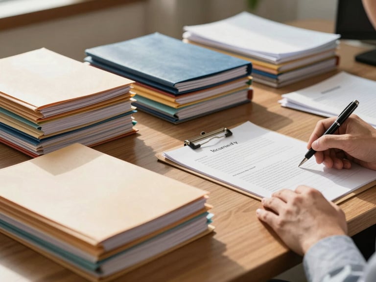 Wide shot of a tidy insurance broker's desk from a slight angle, stacked policy folders sorted by colour, a hand resting on an open document with a pen, warm natural light from the left, calm and professional