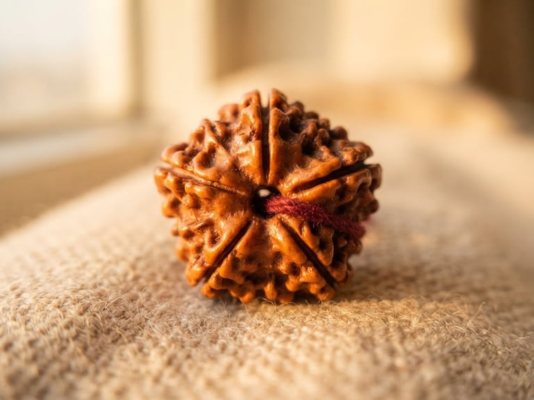 Macro shot of a single sacred Rudraksha bead, natural symmetrical grooves catching soft golden-hour window light, shallow depth of field, warm beige background.