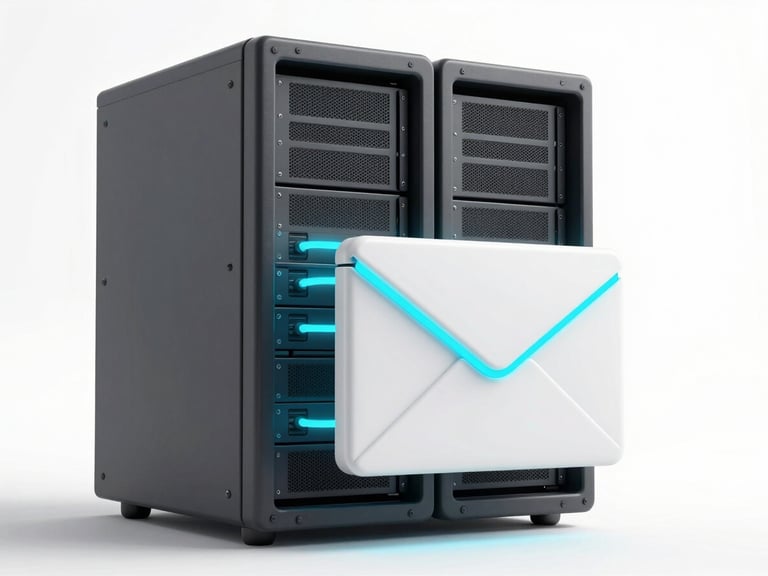Soft clay-textured 3D illustration of a server rack connected to a clean envelope icon by a glowing cyan line, soft shadows, isolated on a white background.