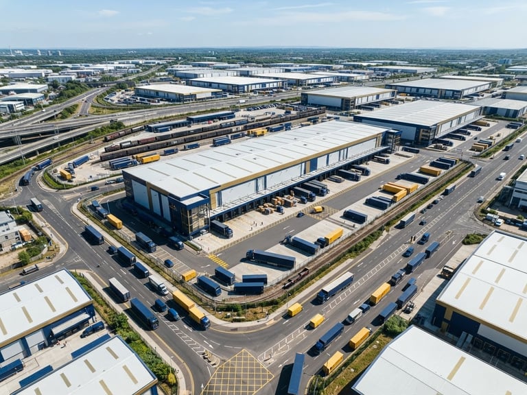 High-angle editorial photograph of a modern, organized logistics hub during bright daylight, clean architectural lines of transport infrastructure, deep navy blue shadows and subtle gold highlights on metallic surfaces.