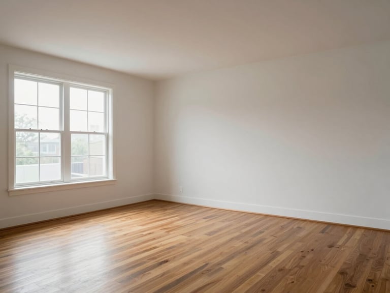 Interior wide shot of an unfurnished living room at natural light, large window on the left wall casting even daylight across hardwood floors, white walls, straight-on framing, no people, no decorative items