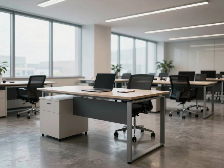 Wide interior shot of a clean modern office workspace, empty desk with laptop and notepad, north-facing window light casting even illumination, polished floor, architectural lines visible