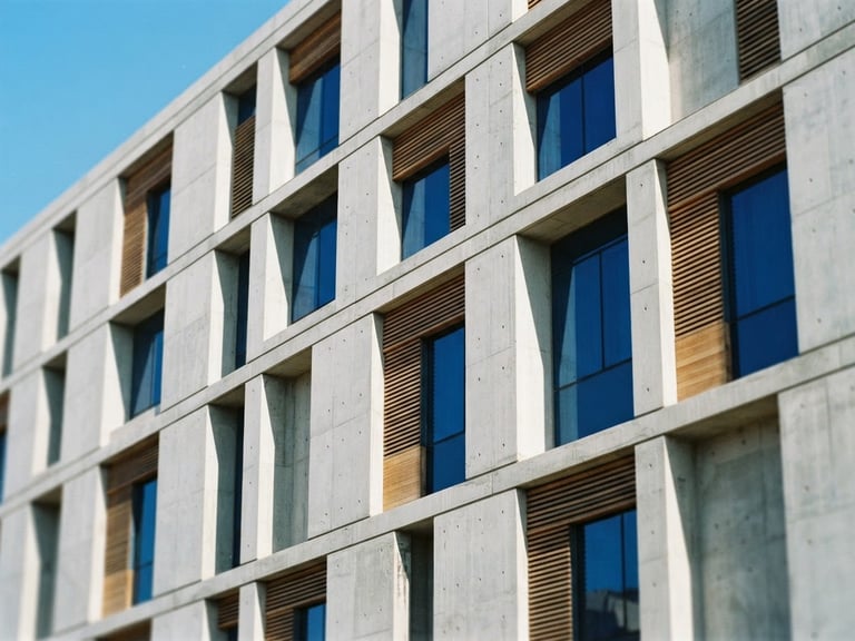 Crisp architectural daylight shining on the minimalist concrete facade of ALNAGAAR corporate headquarters in Cairo, sharp focus, 35mm