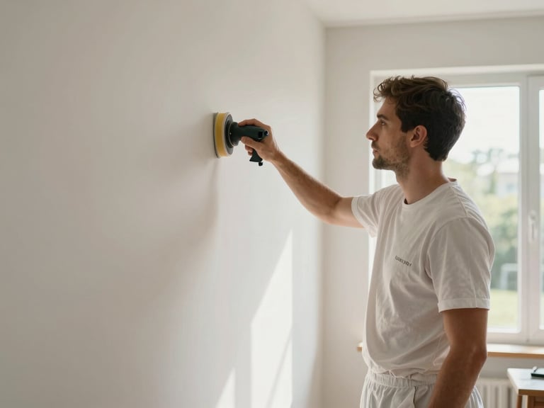 A professional painter in clean branded gear using a dust-minimized sander on a smooth residential wall, bright natural daylight streaming through a large window