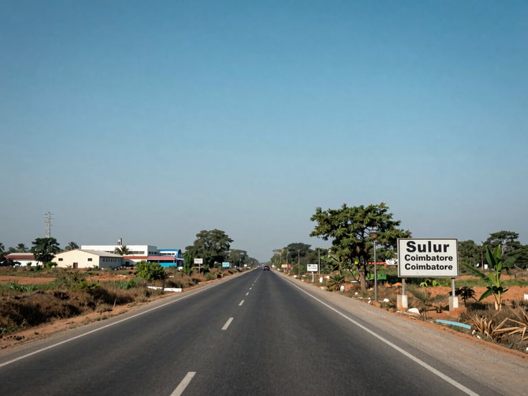 Wide environmental daylight photograph looking down a straight road in Sulur leading toward Coimbatore — a signboard for a school visible on the right roadside, industrial buildings in the mid-distance on the left, clear blue sky, low-angle framing that emphasises the road extending toward the city, no people