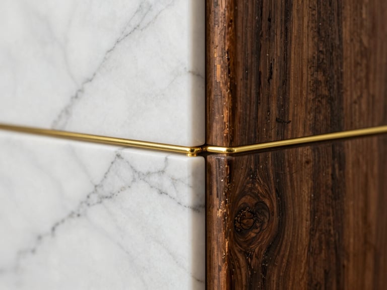 Close-up of premium material intersection, veined white marble meeting dark weathered teak wood and thin gold brass joints