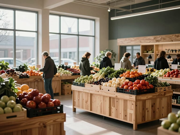 Wide shot of a modern food market interior with Scandinavian wooden stalls, soft natural light pouring in from high windows, people browsing fresh produce, 35mm