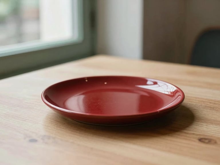Warm editorial photography of a minimalist Scandinavian restaurant table, soft natural window light, a single deep crimson ceramic plate on a light wood surface, shallow depth of field, 35mm