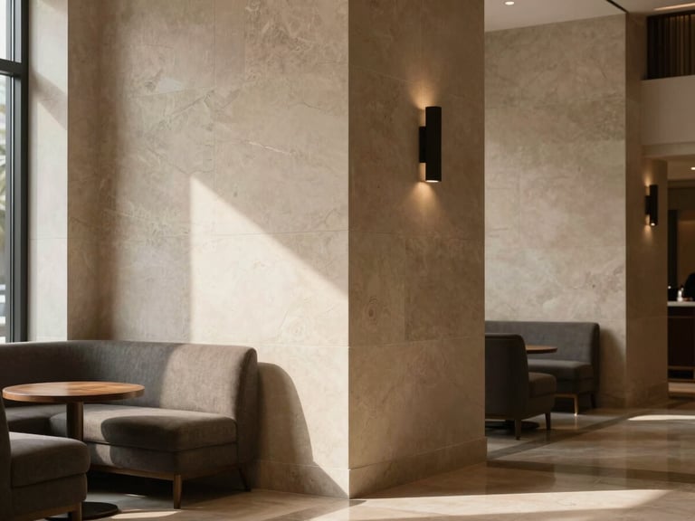 Architectural detail of a luxury private terminal lounge, limestone walls, dramatic soft shadows, quiet atmosphere
