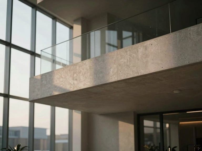 Abstract architectural lines of a high-end corporate pavilion, sharp concrete angles, soft morning light, muted tones